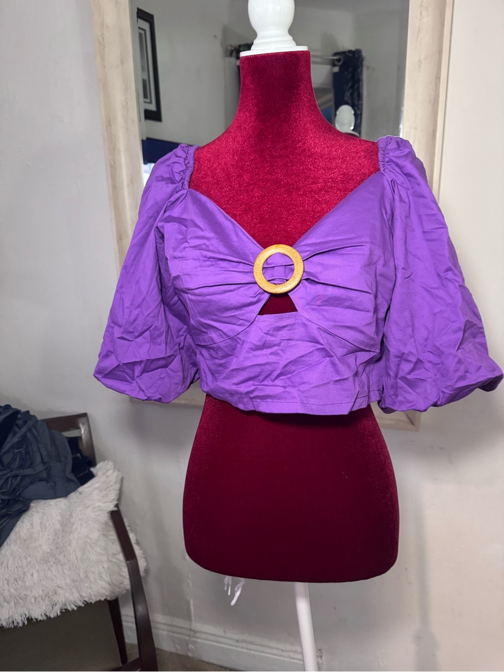 Purple Puff-Sleeve Crop Top with Decorative Ring